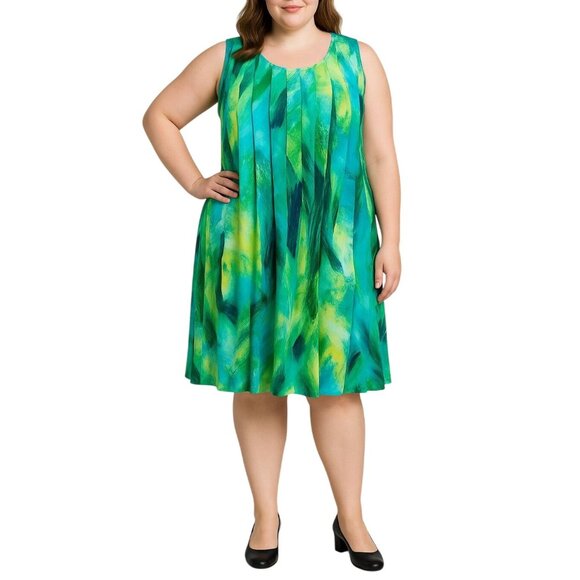 Vibrant Blue Green Abstract Print Sleeveless Pleated Fully Lined Dress Size 16W - Picture 1 of 8